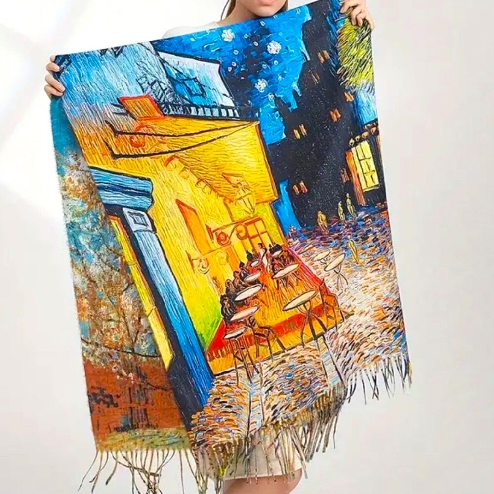 Van Gogh Café Terrace Bar Street/Autumn Art Print X-Large Scarf with Fringe, XLg